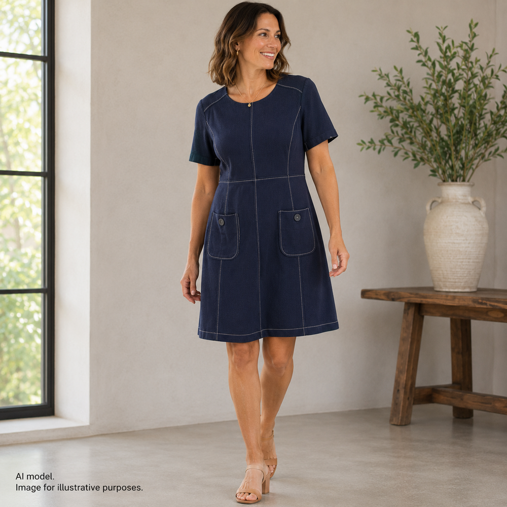 Boden Dress Womens 12R Navy Blue Short Sleeve Textured Cotton Pockets Mod Style